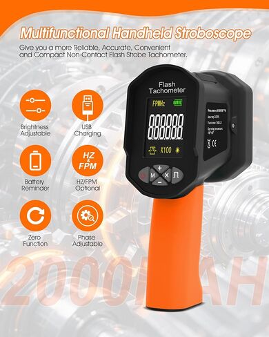 ستروبوسكوب LED 60-100000 دورة في الدقيقة، مقياس سرعة الدوران الرقمي WapoRich مع 16 مصباح LED، قابل لإعادة الشحن عبر USB، شاشة LCD للمحرك والمروحة (RQ-8000B) in Kuwait