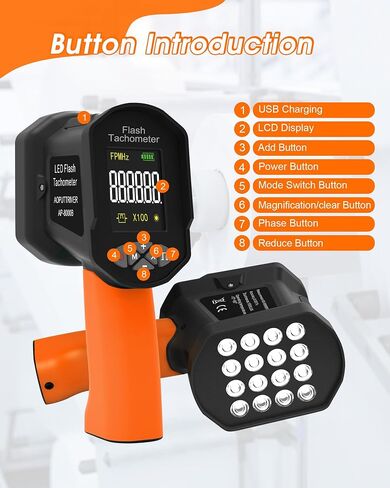 ستروبوسكوب LED 60-100000 دورة في الدقيقة، مقياس سرعة الدوران الرقمي WapoRich مع 16 مصباح LED، قابل لإعادة الشحن عبر USB، شاشة LCD للمحرك والمروحة (RQ-8000B) in Kuwait