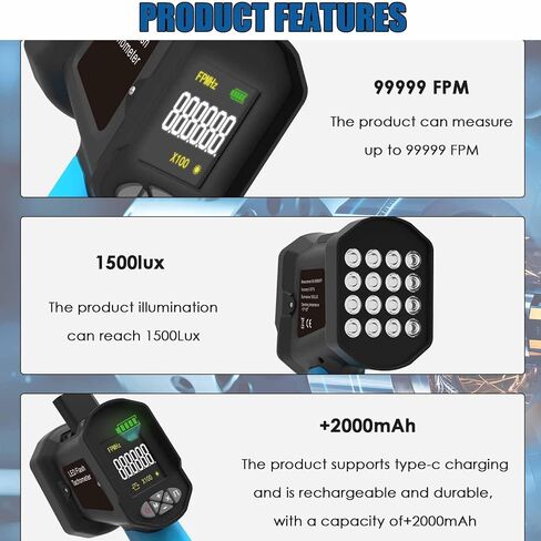 ERICAT Non-Contact Digital Stroboscope, Handheld Digital Strobe Tachometer with 16 Lamp Beads, Measurement Range 60-99999 FPM & High Accuracy 0.001%, for Fan, Motor Engine, Tire, Speed Test in Kuwait