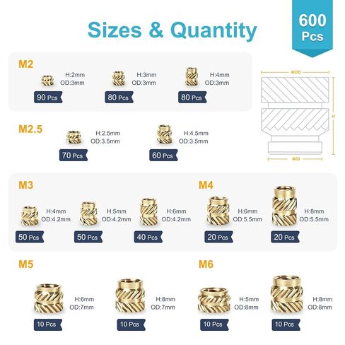 600+7Pcs Brass Threaded Inserts Kit M2 M2.5 M3 M4 M5 M6 – Heat Set Insert Tool Included, Metric Knurled Nuts for 3D Printed Parts PLA/PETG/ABS – Strong Metal Threads for Hobbyists & Repair in Kuwait
