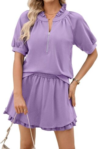 SHEWIN Two Piece Sets for Women Half Zip Up Puff Short Sleeve Tops and Ruffled Shorts Lounge Set Womens Summer Outfits 2026 in Kuwait