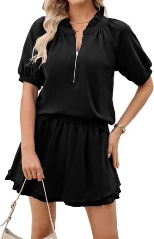 SHEWIN Two Piece Sets for Women Half Zip Up Puff Short Sleeve Tops and Ruffled Shorts Lounge Set Womens Summer Outfits 2026 in Kuwait