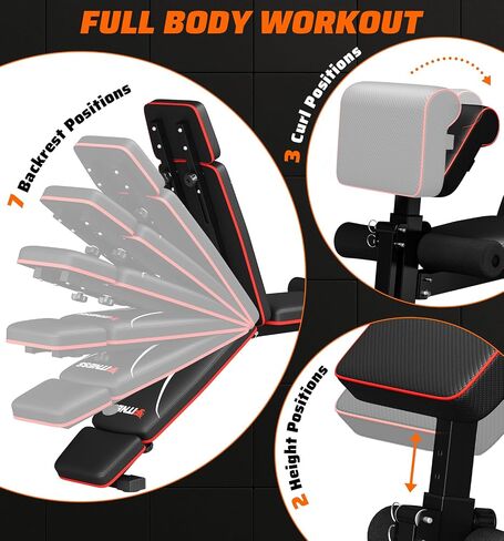 Foldable Adjustable Weight Bench with Leg Extension & Preacher Pad for Home Gym, Bench Press for Full Body Workout with Leg Developer, 900Lbs Capacity & Space-Saving Design in Kuwait