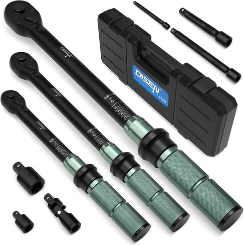 DISEN 9PCS Click Torque Wrench Set 1/4" 3/8" 1/2" Drive 20-220 In.lb, 5-45 Ft.lb, 10-170 Ft.lb with 6 Adapters, ±3% Accuracy, 72-Tooth, Dual Scale, Storage Case for Bike, Motorcycle, Car, Truck Repair in Kuwait
