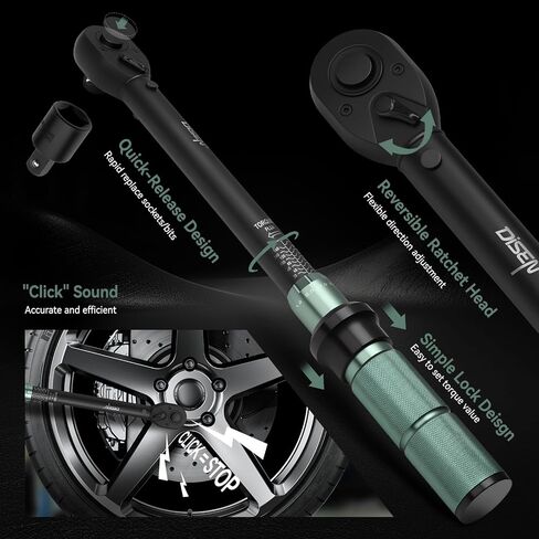 DISEN 9PCS Click Torque Wrench Set 1/4" 3/8" 1/2" Drive 20-220 In.lb, 5-45 Ft.lb, 10-170 Ft.lb with 6 Adapters, ±3% Accuracy, 72-Tooth, Dual Scale, Storage Case for Bike, Motorcycle, Car, Truck Repair in Kuwait