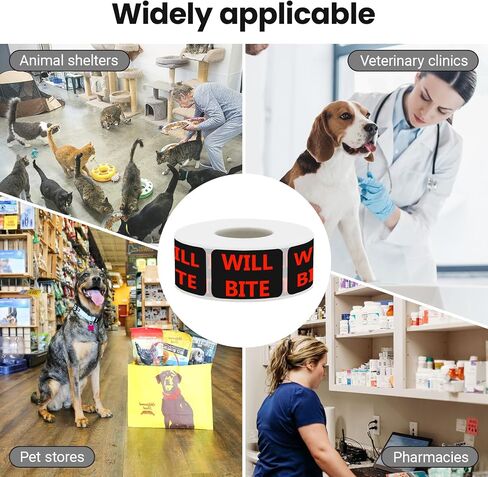 ملصقات Will BITE البيطرية - ملصقات تعليمات العناية بالحيوانات الأليفة لعيادات الحيوانات والملاجئ ومتاجر الحيوانات الأليفة، 500 قطعة/لفة (Will BITE، 1.5 بوصة طول × 1 بوصة عرض) in Kuwait