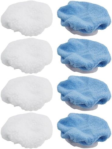 8-Pack 5-6 Inch Car Polisher Bonnets Microfiber and Synthetic Fleece Pads for Buffer and Waxing, Washable Reusable Covers with Tie-On Band in Blue and White in Kuwait