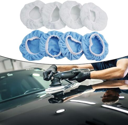 8-Pack 5-6 Inch Car Polisher Bonnets Microfiber and Synthetic Fleece Pads for Buffer and Waxing, Washable Reusable Covers with Tie-On Band in Blue and White in Kuwait