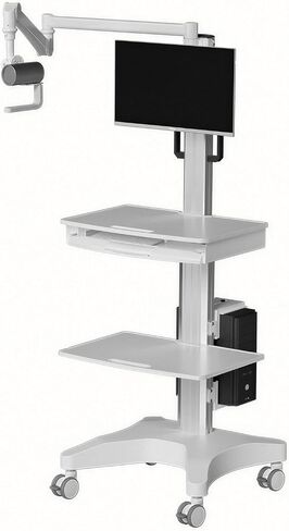 Mobile Medical Workstation Cart with Camera Arm, Height Adjustable Monitor Trolley, Keyboard Tray & Storage Shelves, Locking Casters for Hospital, Dental Clinic & Nursing Lab in Kuwait