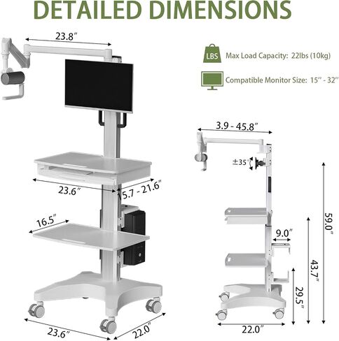 Mobile Medical Workstation Cart with Camera Arm, Height Adjustable Monitor Trolley, Keyboard Tray & Storage Shelves, Locking Casters for Hospital, Dental Clinic & Nursing Lab in Kuwait