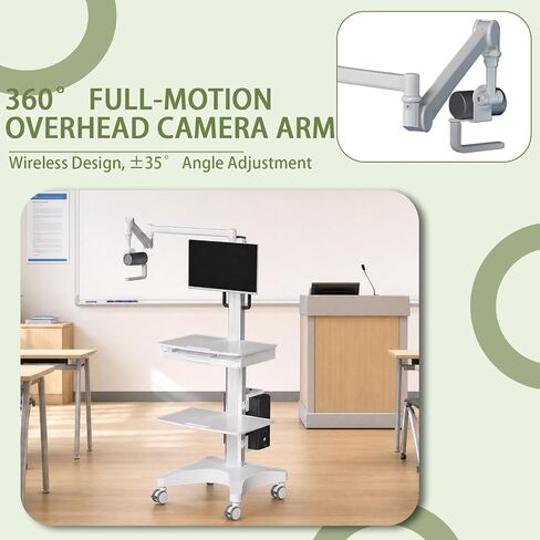 Mobile Medical Workstation Cart with Camera Arm, Height Adjustable Monitor Trolley, Keyboard Tray & Storage Shelves, Locking Casters for Hospital, Dental Clinic & Nursing Lab in Kuwait