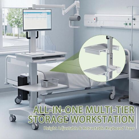 Mobile Medical Workstation Cart with Camera Arm, Height Adjustable Monitor Trolley, Keyboard Tray & Storage Shelves, Locking Casters for Hospital, Dental Clinic & Nursing Lab in Kuwait