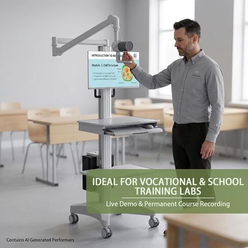 Mobile Medical Workstation Cart with Camera Arm, Height Adjustable Monitor Trolley, Keyboard Tray & Storage Shelves, Locking Casters for Hospital, Dental Clinic & Nursing Lab in Kuwait