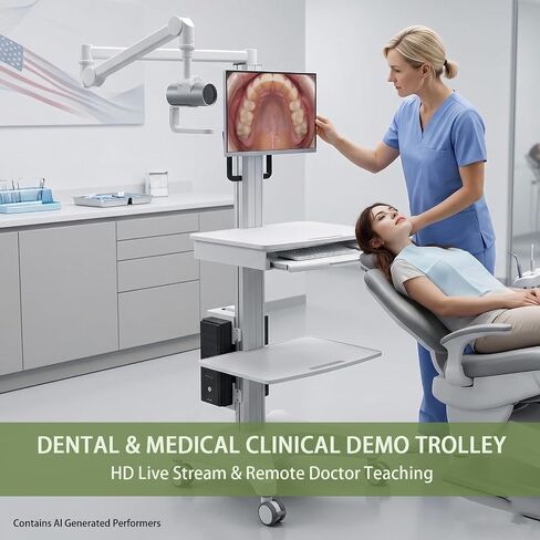 Mobile Medical Workstation Cart with Camera Arm, Height Adjustable Monitor Trolley, Keyboard Tray & Storage Shelves, Locking Casters for Hospital, Dental Clinic & Nursing Lab in Kuwait