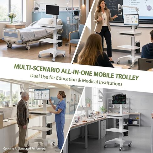 Mobile Medical Workstation Cart with Camera Arm, Height Adjustable Monitor Trolley, Keyboard Tray & Storage Shelves, Locking Casters for Hospital, Dental Clinic & Nursing Lab in Kuwait