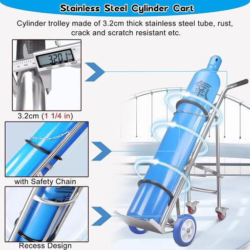 304 Stainless Steel Oxygen Tank Cart, Foldable Gas Cylinder Holder with Wheels, 4-Wheeled Dolly for Easy Transport in Factories and Labs, Durable and Portable Storage Solution in Kuwait