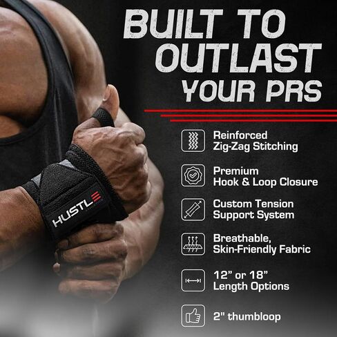 أغطية معصم Hustle Athletics لرفع الأثقال، أشرطة دعم معصم مقاس 18 بوصة معتمدة من USPA لضغط مقاعد البدلاء، القرفصاء والضغط العلوي، أغطية رياضية شديدة التحمل للرجال والنساء in Kuwait