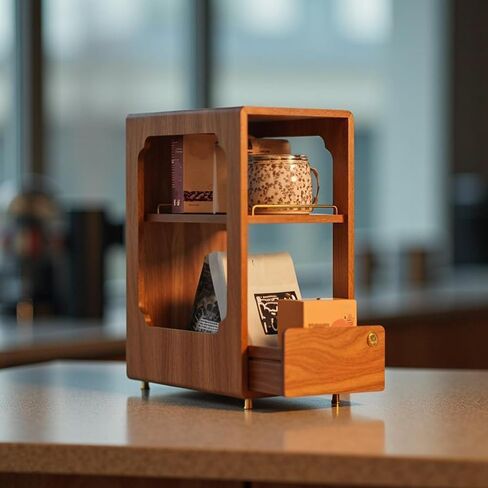 Coffee Bar Organizer for Countertop, 2-Tier Walnut Wood Coffee Station Organizer with Open Shelf, Coffee Mug Holder & Syrup Rack for Small Coffee Bar Decor in Kuwait