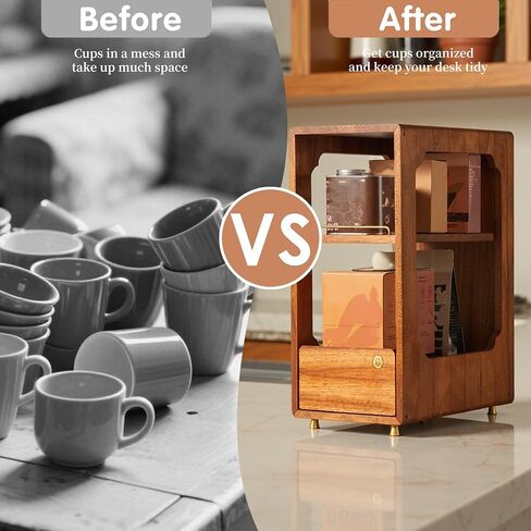 Coffee Bar Organizer for Countertop, 2-Tier Walnut Wood Coffee Station Organizer with Open Shelf, Coffee Mug Holder & Syrup Rack for Small Coffee Bar Decor in Kuwait