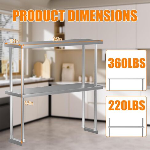 GAOMON 12" x 36" Stainless Steel Overshelf - 2 Tier Kitchen Overshelf for Prep & Work Table, Commercial Double Deck Overshelf with Adjustable Shelf, for Kitchen, Restaurant, Garage in Kuwait