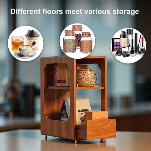 Coffee Bar Organizer for Countertop, 2-Tier Walnut Wood Coffee Station Organizer with Open Shelf, Coffee Mug Holder & Syrup Rack for Small Coffee Bar Decor in Kuwait