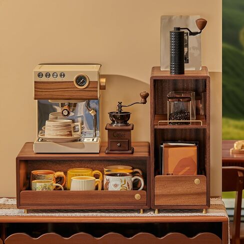 Coffee Bar Organizer for Countertop, 2-Tier Walnut Wood Coffee Station Organizer with Open Shelf, Coffee Mug Holder & Syrup Rack for Small Coffee Bar Decor in Kuwait