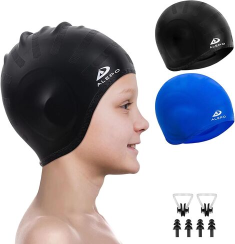 Alepo 2 Pack Kids قبعات السباحة للأولاد والبنات، قبعة سباحة متينة من السيليكون مع جيوب أذن ثلاثية الأبعاد للأعمار من 3 إلى 15 عامًا للأطفال الصغار في سن المراهقة، قبعات حمام سباحة للجنسين للشعر القصير/الطويل مع سدادات الأذن ومشبك الأنف in Kuwait