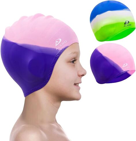 Alepo 2 Pack Kids قبعات السباحة للأولاد والبنات، قبعة سباحة متينة من السيليكون مع جيوب أذن ثلاثية الأبعاد للأعمار من 3 إلى 15 عامًا للأطفال الصغار في سن المراهقة، قبعات حمام سباحة للجنسين للشعر القصير/الطويل مع سدادات الأذن ومشبك الأنف in Kuwait