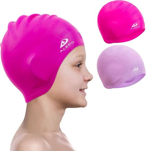 Alepo 2 Pack Kids قبعات السباحة للأولاد والبنات، قبعة سباحة متينة من السيليكون مع جيوب أذن ثلاثية الأبعاد للأعمار من 3 إلى 15 عامًا للأطفال الصغار في سن المراهقة، قبعات حمام سباحة للجنسين للشعر القصير/الطويل مع سدادات الأذن ومشبك الأنف in Kuwait