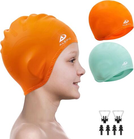 Alepo 2 Pack Kids قبعات السباحة للأولاد والبنات، قبعة سباحة متينة من السيليكون مع جيوب أذن ثلاثية الأبعاد للأعمار من 3 إلى 15 عامًا للأطفال الصغار في سن المراهقة، قبعات حمام سباحة للجنسين للشعر القصير/الطويل مع سدادات الأذن ومشبك الأنف in Kuwait