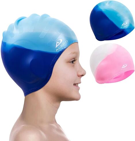 Alepo 2 Pack Kids قبعات السباحة للأولاد والبنات، قبعة سباحة متينة من السيليكون مع جيوب أذن ثلاثية الأبعاد للأعمار من 3 إلى 15 عامًا للأطفال الصغار في سن المراهقة، قبعات حمام سباحة للجنسين للشعر القصير/الطويل مع سدادات الأذن ومشبك الأنف in Kuwait