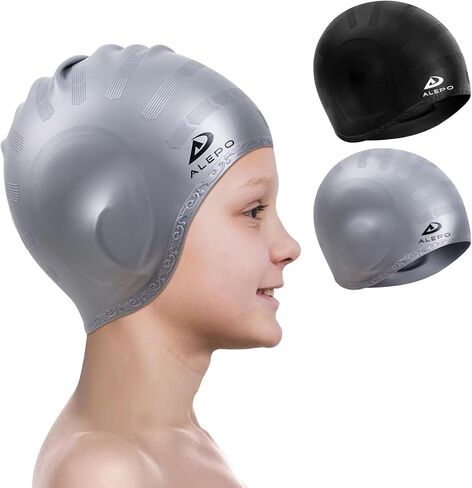 Alepo 2 Pack Kids قبعات السباحة للأولاد والبنات، قبعة سباحة متينة من السيليكون مع جيوب أذن ثلاثية الأبعاد للأعمار من 3 إلى 15 عامًا للأطفال الصغار في سن المراهقة، قبعات حمام سباحة للجنسين للشعر القصير/الطويل مع سدادات الأذن ومشبك الأنف in Kuwait