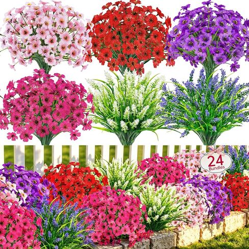 دير روز 24 حزم الزهور الاصطناعية للزهور المزيفة في الهواء الطلق نباتات UV مقاومة للمنزل حديقة الشرفة ديكور الزفاف in Kuwait