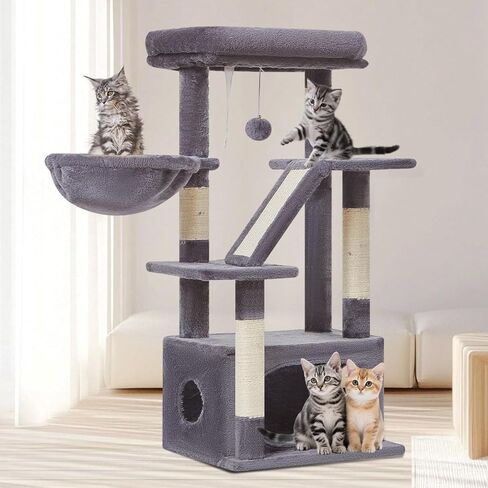 Taoqimiao Cat Tree ، 38.5 بوصة للقطط للقطط الداخلية ، مناسبة للقطط مع شقة القط الفاخرة مع سلال قابلة للتعديل وجثم فاخر MS029SG Smoky Gray in Kuwait