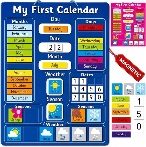 Fridge Magic Magnetic My First Learning Calendar. Rigid Board 16" x 13", 40 x 32cm with Hanging Loop. Move Magnets Daily to Show Day, Date, Month, Season and Weather in Kuwait