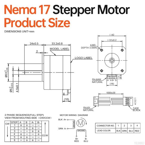 Nema 17 Stepper Motor 2 Phase 1.8‌°‌ 0.29Nm(41.07oz·in) عزم دوران عالي ثنائي القطب 34mm 30Ω 0.4A 4-سلك رمح 24mm φ5mm 42 كابل محرك متدرج 1M للطابعة ثلاثية الأبعاد DIY Robot CNC Machine in Kuwait