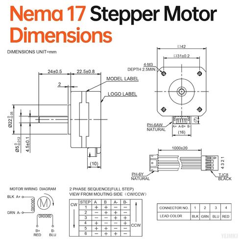 5Pack Nema 17 Stepper Motor 1.8‌°‌ 2 المرحلة عزم دوران عالي 0.16Nm(22.66oz·in) ثنائي القطب 42x23mm 0.8A 3.7Ω 4-سلك رمح 24mm φ5mm 42 محرك متدرج كابل 1M للطابعة ثلاثية الأبعاد DIY Robot CNC Machine in Kuwait
