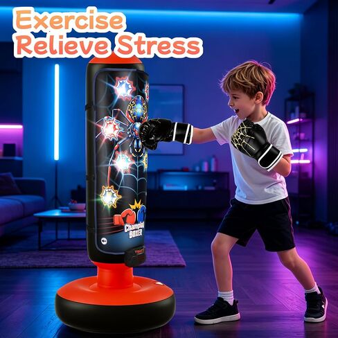Electronic Boxing Bag Set, Interactive Punching Toy with Gloves, LED Lights, Music & 4 Game Modes, Auto Scoring Boxing Kit for Boys Girls Ages 3-12, Thick PVC Freestanding Punching Bag in Kuwait