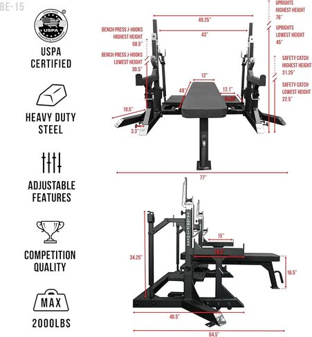 Valor Fitness USPA Certified Powerlifting Combo Rack, Olympic Weight Bench and Squat Rack, 3000 lb Capacity, Competition Bench Press Station with Safety Arms, Band Pegs, Adjustable J-Hooks and Spotter Platform in Kuwait