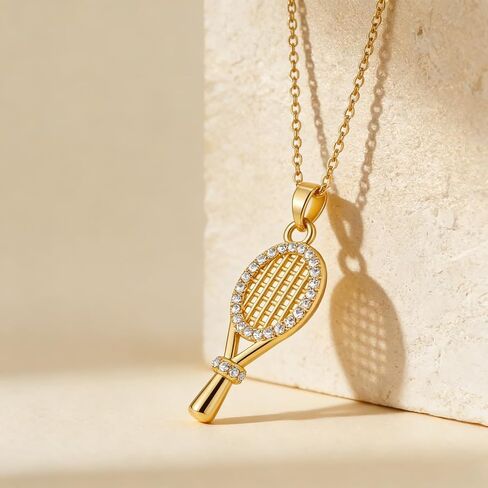 Tennis Racket Necklace for Women 14K Gold Plated Dainty Pendant Necklace with CZ Tennis Charms Game Day Sports Fans Gifts in Kuwait