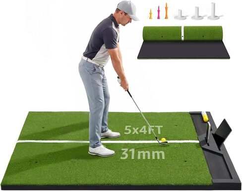 Large Golf Hitting Mat 5x4ft Indoor Outdoor Backyard, Thick Golf Practice Mat with Phone Slot & Ball Tray, Heavy Duty Artificial Turf Driving Range Golf Simulator Mat with Alignment Line in Kuwait