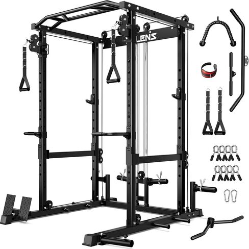 C12 Squat Rack for Home Gym, 2000LBS Power Rack with Adjustable Pulley System, Power Cage Workout Equipment with LAT Pulldown and Training Attachment in Kuwait