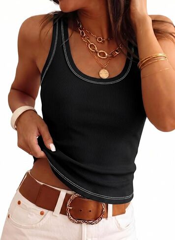 Tankaneo Womens Summer Ribbed Tank Top Casual Ringer Scoop Neck Sleeveless Knit Fitted Tops Going Out Tee Shirts in Saudi Arabia