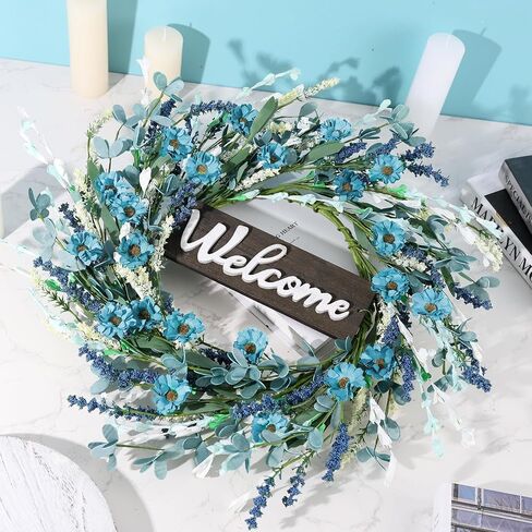24inch Artificial Blue Forsythia Flower Wreath for Front Door Spring Summer Daisy Lavender Wreaths All Year Around Farmhouse Wild Wreath with Welcome Sign for Outdoor Wall Window Garden Porch Decor in Kuwait