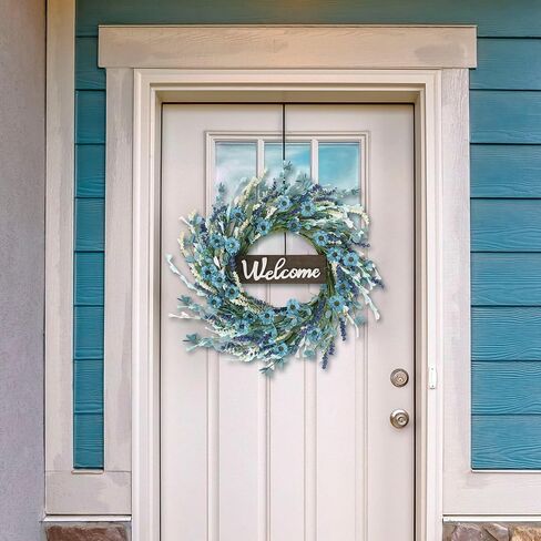24inch Artificial Blue Forsythia Flower Wreath for Front Door Spring Summer Daisy Lavender Wreaths All Year Around Farmhouse Wild Wreath with Welcome Sign for Outdoor Wall Window Garden Porch Decor in Kuwait