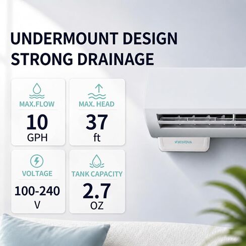 مضخة مكثفات سبليت صغيرة من WATNOVA، مضخة تصريف HVAC هادئة 19 ديسيبل مع مستشعر مسبار، 100-240 فولت، 10 جيجا في الساعة، رفع أقصى 37 قدمًا، إزالة مكثفات التيار المتردد للتيار المتردد المثبت على الحائط، مزيل الرطوبة، الفرن in Saudi Arabia