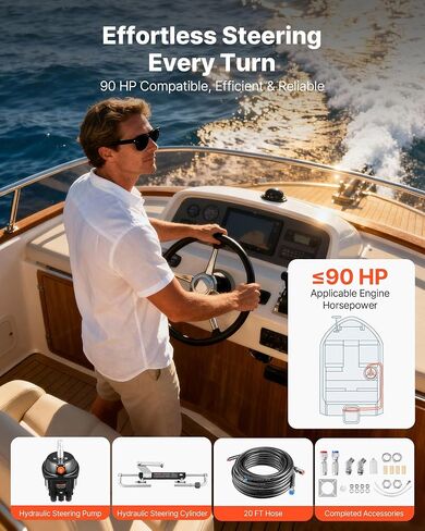 VEVOR Hydraulic Steering Kit, 90 HP, Marine Boat Hydraulic Steering System, with 6.9 MPa/1000 psi Helm Pump, Two-Way Lock Cylinder, and 20 ft High-Strength Hoses, for Single Station, Single-Engine Use in Kuwait