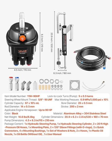 VEVOR Hydraulic Steering Kit, 90 HP, Marine Boat Hydraulic Steering System, with 6.9 MPa/1000 psi Helm Pump, Two-Way Lock Cylinder, and 20 ft High-Strength Hoses, for Single Station, Single-Engine Use in Kuwait