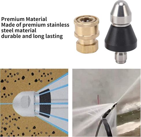 Aramox Sewer Pipe Cleaning Nozzle, Brass Stainless Steel Pressure Sewer Jetter Nozzle with G1 4 Connection and G3 8 Female Adapter, Rear Jet Design for Drain Cleaning Hose Use in Kuwait