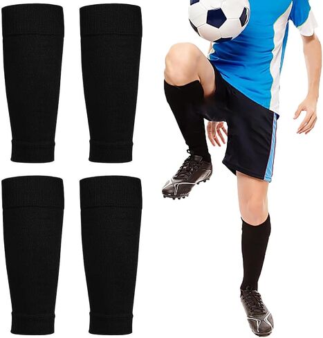 2 Pairs Football Sock Sleeves, Black Pre Cut Footless Socks Sleeve, Soccer Shin Guards Sleeves for Football Running or Training Beginner Adults in Kuwait